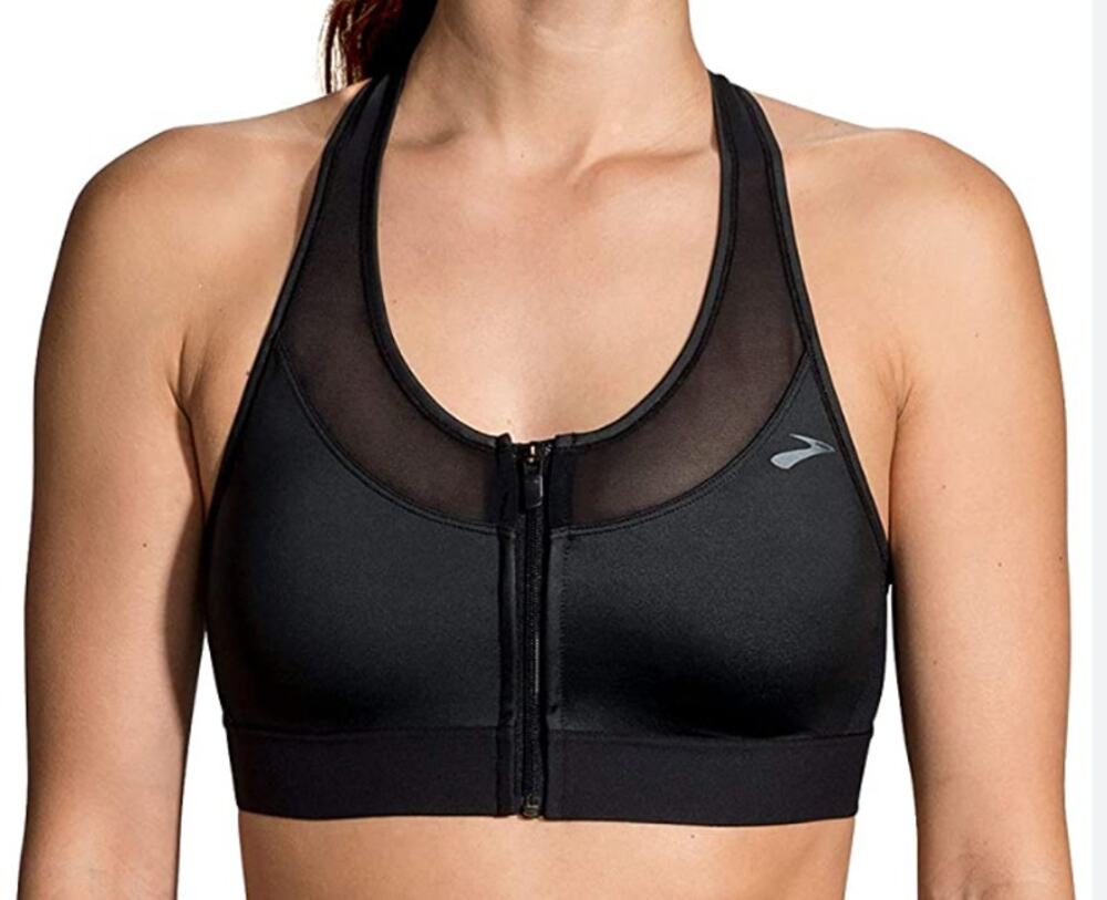 BROOKS Sports Bra Black Racerback Front Hook and Zip Size Small